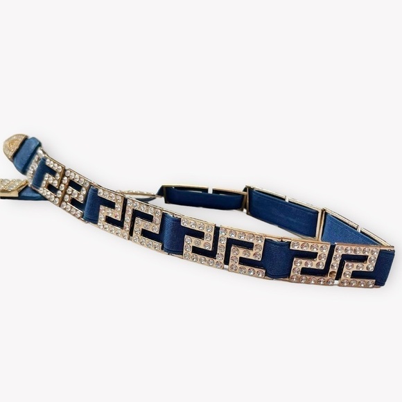 Vintage 80s Rhinestone Greek Key Blue Stretchy Belt - Picture 2 of 12